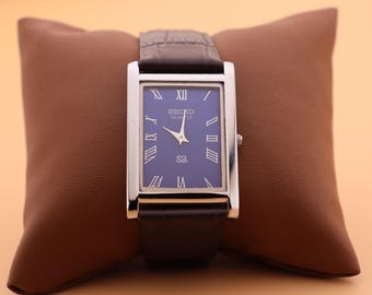 Executive Look Seiko Slim Vintage Quartz Men’s Watch Blue Dial Comes with a New Battery and a Genuine Leather Dark Brown Strap