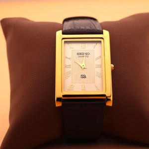 Gold-Toned Case and Dial Matched with a New Dark Brown Leather Strap — Seiko Slim Vintage Quartz Men’s Watch
