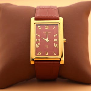 Red Dial and Gold Case, Paired with a New Camel Leather Strap — Seiko Slim Vintage Quartz Men’s Wristwatch
