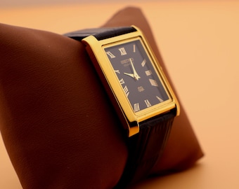 Classic Seiko Slim Vintage Quartz Men’s Wristwatch with Gold Case - Black Dial and Brand New Black Leather Strap