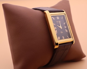 Classic-Inspired  Black Dial and Gold Case, Paired with a New Dark Brown Leather Strap — Seiko Slim Vintage Quartz Men’s Wristwatch