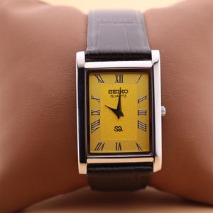 Vintage Charm Seiko Slim Quartz Men’s Watch Yellow Dial Comes with a New Battery and a Genuine Black Leather Strap