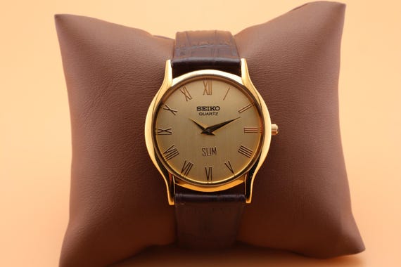 Refined and Elegant Seiko Round Vintage Quartz Men’s Watch with Gold Case - Gold Dial Comes with New Dark Brown Leather Strap