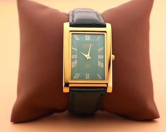 Royal Style Rare Green Dial and Gold Case, Paired with a New Green Leather Strap — Seiko Slim Vintage Quartz Men’s Wristwatch
