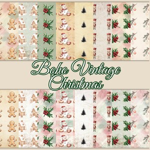 Op de afbeelding: Een collage van kerstthema-patronen met peperkoekmannen, huizen, hulst, sneeuwmannen, kerstbomen en notenkrakers. De tekst "Boho Vintage Christmas" wordt weergegeven in een decoratief lettertype. De patronen gebruiken beige, groen en rood.
