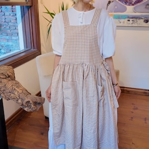 Handmade Gingham Apron: Beige & White Check, Cottagecore Style