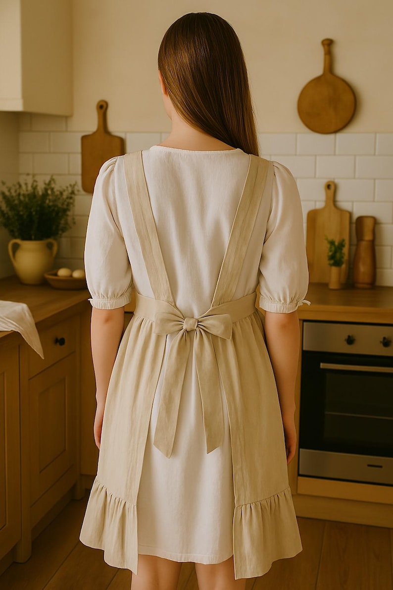 Cotton kitchen apron with pockets, waist tie & ruffles – stylish and comfy in elegant cream