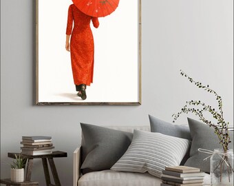 Mujer con paraguas rojo – Arte mural imprimible digital, decoración elegante y colorida para el hogar