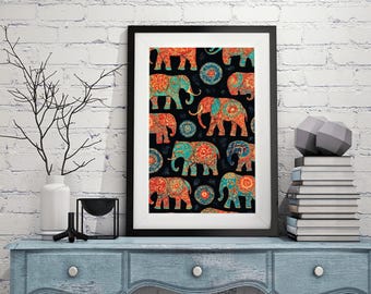 Thailändsk elefantkonsttryck: Traditionell djurlivsdekor (digital nedladdning)