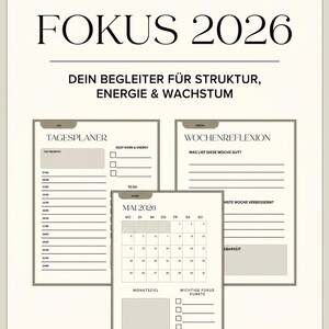 Könnte beinhalten: Digitaler Planer mit dem Text "FOKUS 2026" und "DEIN BEGLEITER FÜR STRUKTUR, ENERGIE & WACHSTUM". Er enthält Tages-, Wochen- und Monatsabschnitte mit einem Kalender für Mai 2026. Konzipiert für Struktur, Energie und Wachstum.