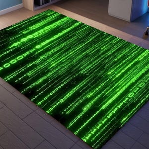 May include: A rectangular rug with a green matrix code design. The rug has a black background with bright green lines of binary code, creating a digital aesthetic. The rug is placed on a wooden floor in a room with a desk and computer.