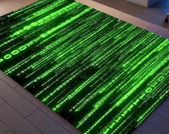 Alfombra inspirada en Matrix Code: alfombra verde con lluvia binaria, alfombra de estética cibertecnológica, decoración para habitación gamer, alfombra de arte digital futurista
