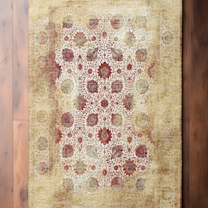 Vintage Persian Rug – Distressed Oriental Floral Carpet, Classic Medallion Living Room Décor, Washable Non Slip Area Mat