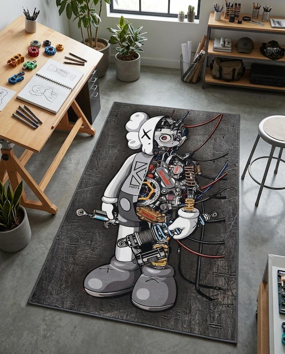 KAWS Inspired Robot Rug – Futuristic Mecha Toy Art Carpet