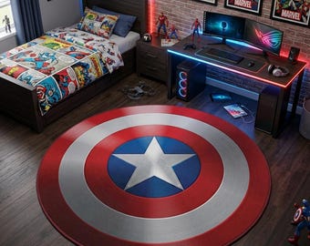 Captain America Shield Rug – Superhero Round Carpet, Marvel-Inspired Kids Room Decor, Avengers Fan Gift Floor Mat