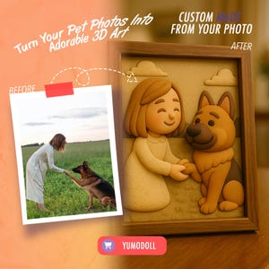 かわいいペットと飼い主の3Dシャドーボックス - 写真からカスタムレリーフアート - 6インチ木製フレーム