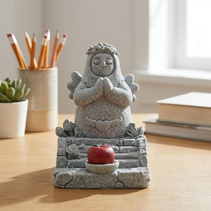 Puede incluir: Una estatua de ángel de piedra gris con las manos juntas, pequeñas alas y un halo. La estatua se encuentra sobre una base de piedra con un pequeño cuenco que contiene una manzana roja. La estatua está sobre una superficie de madera.