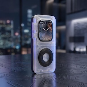 Retro iPod Style Apple Watch Case with Working Scroll Wheel | Transparent Clear Edition | 3D Printed Classic MP3 Mod for Series 10 9 8 7 SE