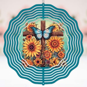 Cross Sunflowers & Butterfly Christian decor housewarming gift gift for mom gift for her spiritual art home decor outdoor wind spinner #334