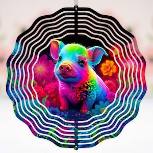 Rainbow floral Piglet art baby room decor summer patio decor  housewarming gift for friend home decor hanging outdoor Wind Spinner #430