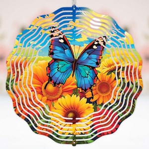 Vibrant Blue Butterfly Wildflower Art girl room decor gift for friend housewarming gift home & Patio decor hanging outdoor Wind spinner #384