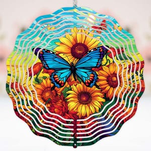 Blue Butterfly Elegant Floral and Nature-Inspired art gift for friend housewarming gift for her hanging home Decor outdoor wind spinner #383