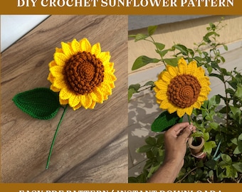 Schema all'uncinetto per girasole in PDF / Tutorial realistico per realizzare fiori all'uncinetto / Download digitale facile per principianti