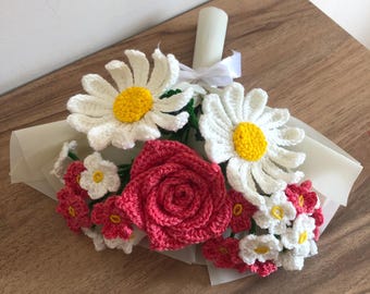 Bouquet di fiori fatto a mano in formato PDF / Margherita e rosa Non ti scordar di me - Schema fai da te all'uncinetto