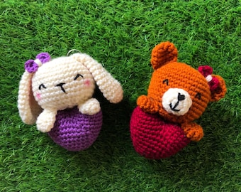 Kit portachiavi amigurumi / Orsetto e coniglietto con cuore all'uncinetto / Portachiavi a forma di animale senza cuciture / Fai da te veloce per la preparazione al mercato / San Valentino
