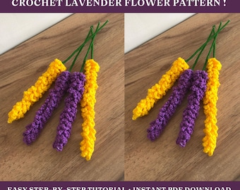 Modello fai da te per fiori di lavanda all'uncinetto • PDF istantaneo • Tutorial floreale all'uncinetto per principianti