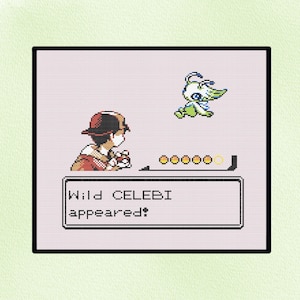 Op de afbeelding: Kruissteek van een videogame scène. Het toont een personage met een rode hoed tegenover een groen en wit wezen. De tekst luidt "Wild CELEBI appeared!" met een gezondheidsbalk.