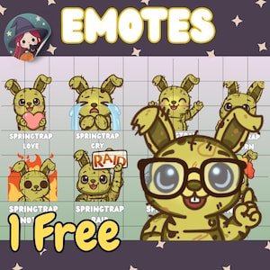 May include: A digital art graphic featuring several cartoon Springtrap emotes with various expressions, including love, crying, and holding a "RAID" sign. The word "EMOTES" is at the top, and "1 Free" is at the bottom.
