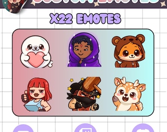 Lot d'émoticônes Chibi personnalisées : 22 émoticônes de streamer Twitch dessinées à la main
