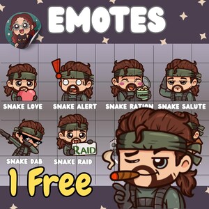 Może przedstawiać: Zbiór emotikonów z kreskówek przedstawiających postać z brązowymi włosami, zieloną opaską na głowie i brodą. Emotikony wyrażają emocje takie jak miłość, alarm i salut, z etykietami takimi jak "Snake Love" i "Snake Alert". Widoczny jest również napis "1 Free".
