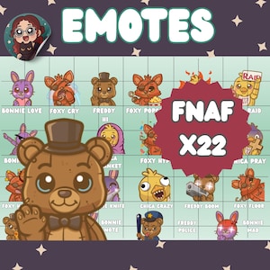 May include: A grid of cartoon emotes featuring characters from the FNAF game series. The emotes include Freddy, Bonnie, Foxy, and Chica, with various expressions and poses. The text "EMOTES" and "FNAF X22" are also present.
