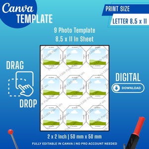 May include: A blue Canva template with the text "Canva Template" and "9 Photo Template 8.5 x 11 In Sheet". The template includes a 50 mm x 50 mm photo template. The image also shows a button maker machine.