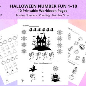 Activités mathématiques amusantes pour Halloween (1 à 10) | Fiches d'exercices de mathématiques pour la maternelle | Comptage et nombres manquants |