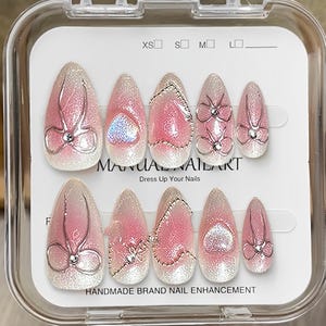 Custom press on nails / Pink bow nails / Rhinestone coffin nails / Holographic nails / Japanese nails / Handmade gift for her