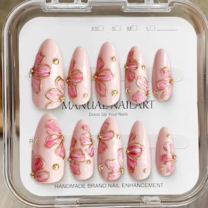 Blush 3D Flower Press On Nails | Gold Detail Bridal Nails | Long Almond Pink Fake Nails | Elegant Handmade Wedding Nails | Romantic Nail Set