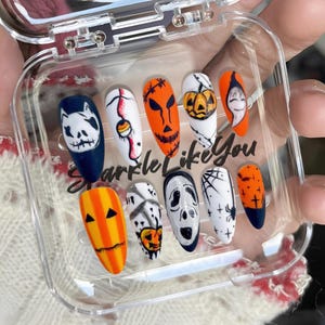 Halloween Press On Nails | Horror Movie Nails | Pumpkin Ghost Nails | Scary Cute Nails | Orange Black Nails | Handmade by Me | Gift for Her