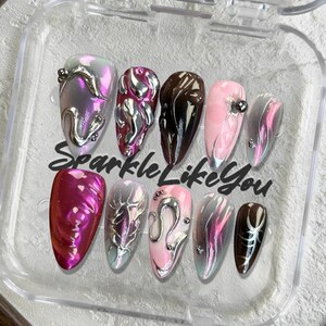 Custom Press On Nails | Silver Chrome Punk Nails | Dark Pink 3D Metal Nail Art | Long Stiletto | Edgy Cool Girl Nails | Handmade by Me