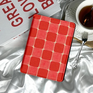Retro Red Grid Kindle & Kobo Case | Clear Back w/ Handstrap | Cream Check E-reader Cover | 12th/11th Gen | 7&quot;, 6.8&quot;, 6&quot;