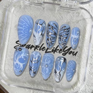 Blue Chrome Press On Nails | 3D Abstract Butterfly Nails | Silver Gel Long Nails | Handmade by Me | Custom Nail Art | Gift for Her