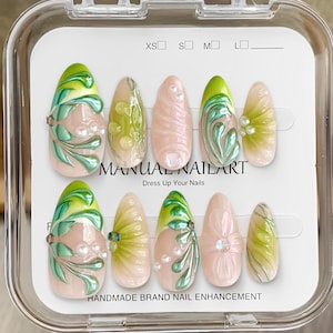 Custom press on nails / Green flower nails / Fairy nails / Leaf press on nails / Long coffin nails / Elegant nails / Pearl nails