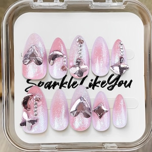 Custom press on nails / Pink glitter press on nails / 3D rhinestone nails / Y2K aesthetic nails / Long coffin nails / Cute glam nails