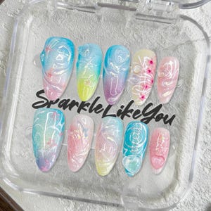 Custom press on nails / Pastel rainbow nails / Long almond nails / 3D glitter nails / Cute aesthetic nails / Spring fairy nails