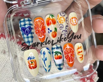 Fruit Press On Nails | Hand-Painted Orange Blue Nails | Summer Picnic Retro Nails | Cottagecore Oval Nails | Cute Aesthetic Nail Set
