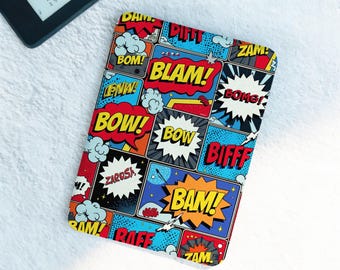 Retro Comic Pop Art Kindle & Kobo Case with Hand Strap Colorful BAM Design 7" 2024 New Kindle Paperwhite 12th Gen Protective Reader Cover