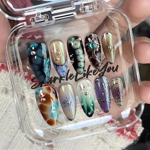 Chrome Swirl Press On Nails | Mixed Design Abstract Nails | Long Coffin 3D Nails | Trendy Aesthetic | Handmade by Me | Gift for Her