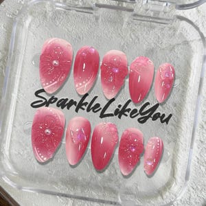 Custom Press On Nails | 3D Pink Ombre Flower Nails | Long Almond Cute Nails | Handmade by Me | Gift for Her | Nail Art Set